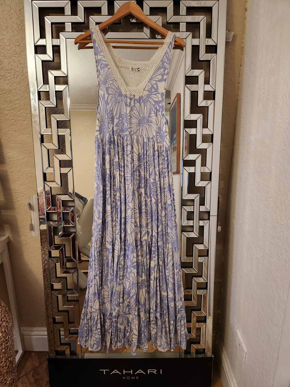 FREE PEOPLE Blue Lavender and Cream Floral Crochet-Trim Maxi Dress